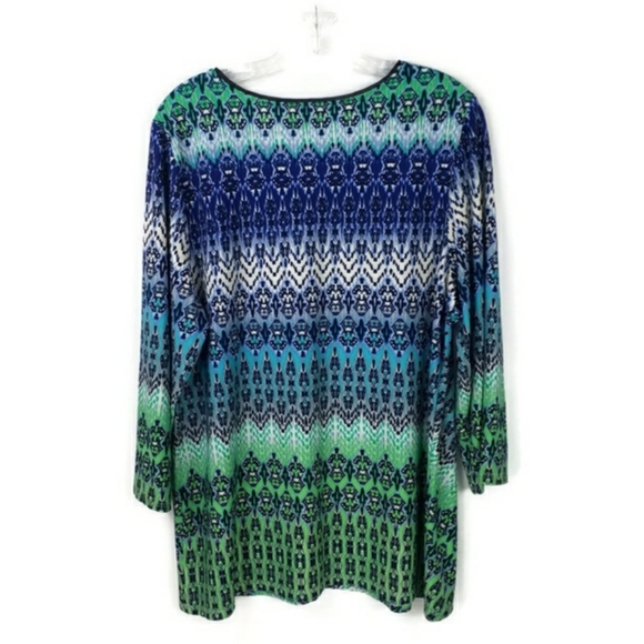 Roz & Ali Blue Multicolor Print Split Neck 3/4 Sleeve Knit Top Blouse Womens 1X - Picture 2 of 10